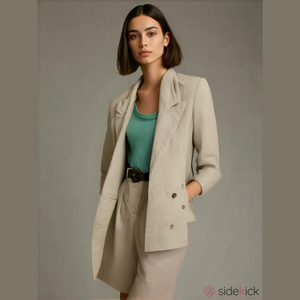 80s 2PC JONES NY TAN  LINEN DBL BREASTED BLAZER PLEATED FRONT PENCIL SKIRT SZ 6